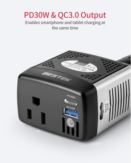 BESTEK 150W Power Inverter with PD 30W and QC 18W Dual Charging Ports